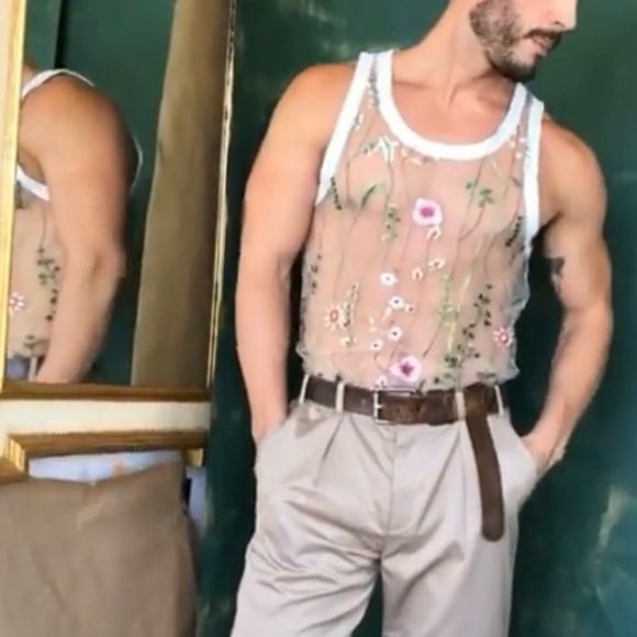Etalon by Steve Canar White Sheer Mesh Floral Illusion Tank Top Men’s Size Small - Picture 1 of 11